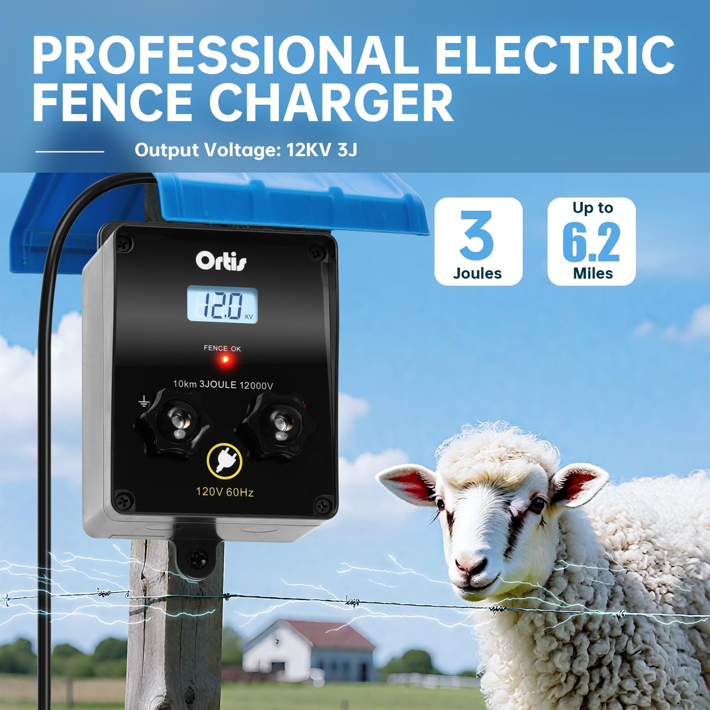 Electric Fence Energizer with LCD Display, Ortis 12,000V 3 Joules Electric Fence Charger, 6.2 Mile Range, Safe & Effective Animal Control for Livestock, Garden & Pasture Protection