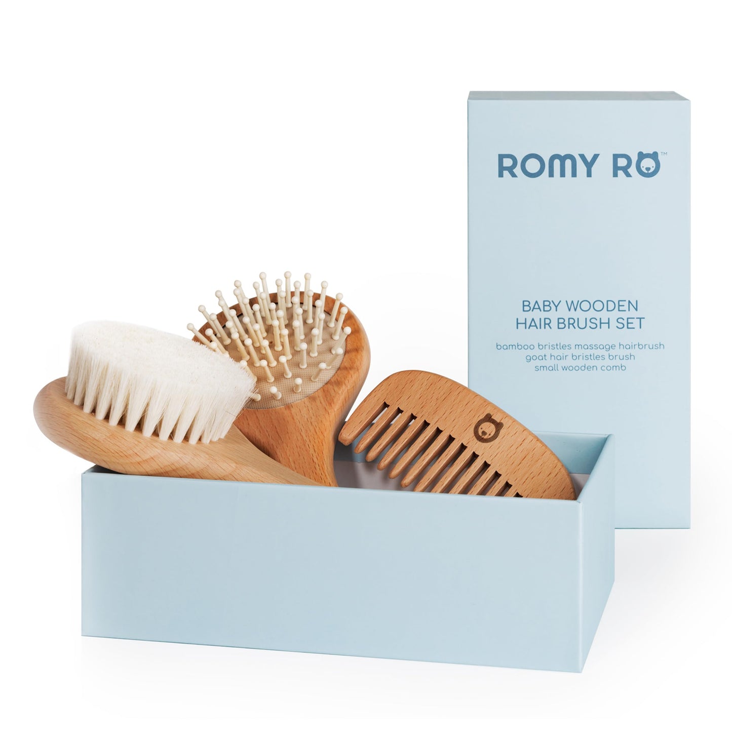 ROMY RO 3 Piece Wooden Hair Brush Set for Newborns & Toddlers - Ultra Soft Natural Goat Hair and Wood Brushes in Chic Gift Box