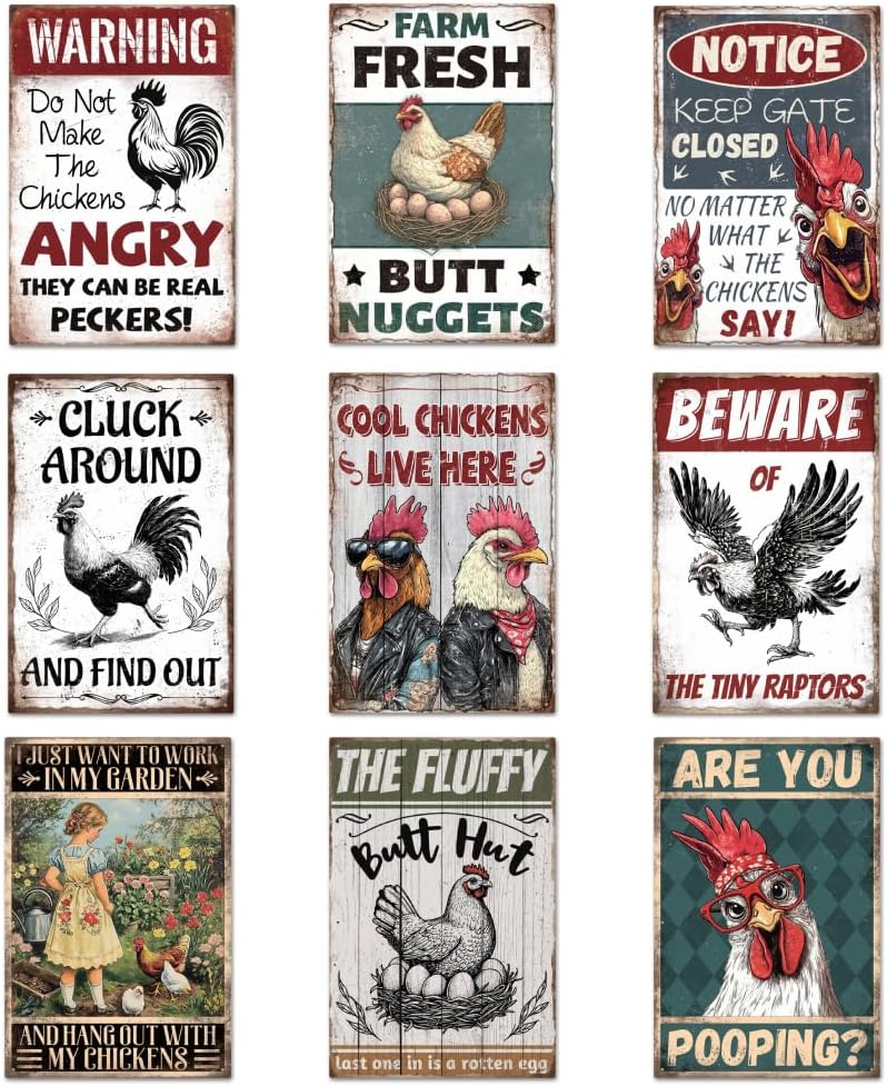 GLASSWINDS 9 Pcs Chicken Coop Signs, Funny Chicken Signs Chicken Decor Outdoor 8×12 Inch, Chicken Metal Tin Sign Chicken Coop Accessories for Farm Yard Garden Easter Chicken Lovers