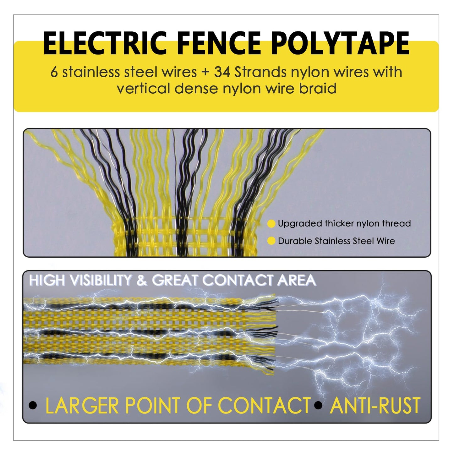 LIFENCE Electric Fence PolyTape Horse Fencing Tape 1312 Feet 400m, High Visibility 0.8 Inch 20mm Width, 6 Strong Stainless Steel Conductors, Yellow and Black, Equine Horse Livestock Electric Fencing