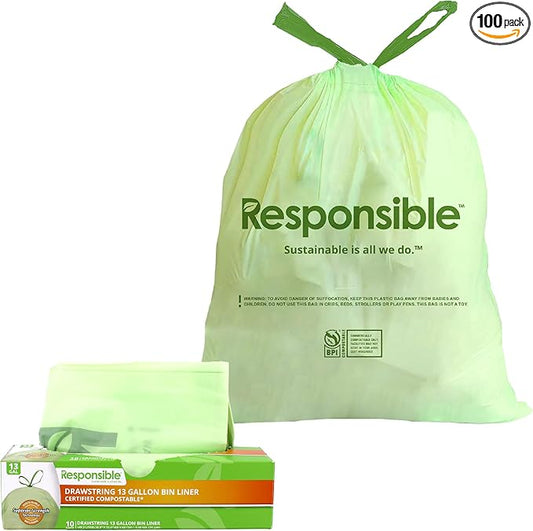 Kitchen Bin Liners, Certified Compostable, Heavy Duty Multipurpose Food Scrap Bags, Made from Compostable Materials (13 Gallon Drawstring, 13 Gallon (10 Count))