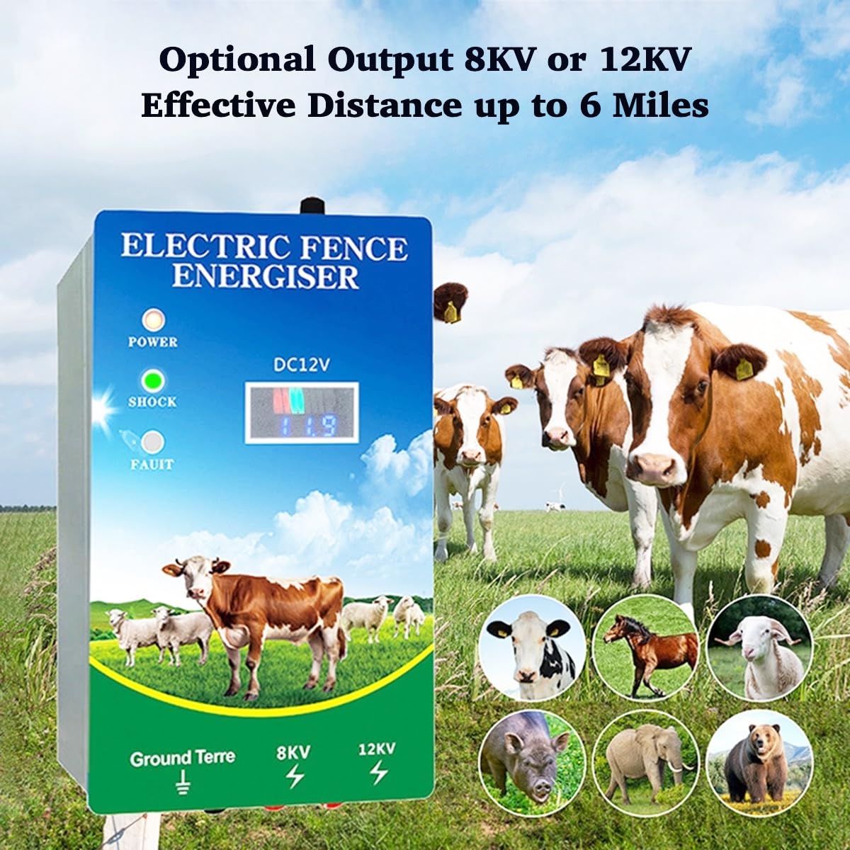 6 Mile Electronic Fence Charger, DC/AC/Solar Electric Fence Energizer, VQP 8KV 12KV 2J Output with LED Display for Large Wildlife Cattle Horses Goats Livestock Poultry Garden Orchard Ranch