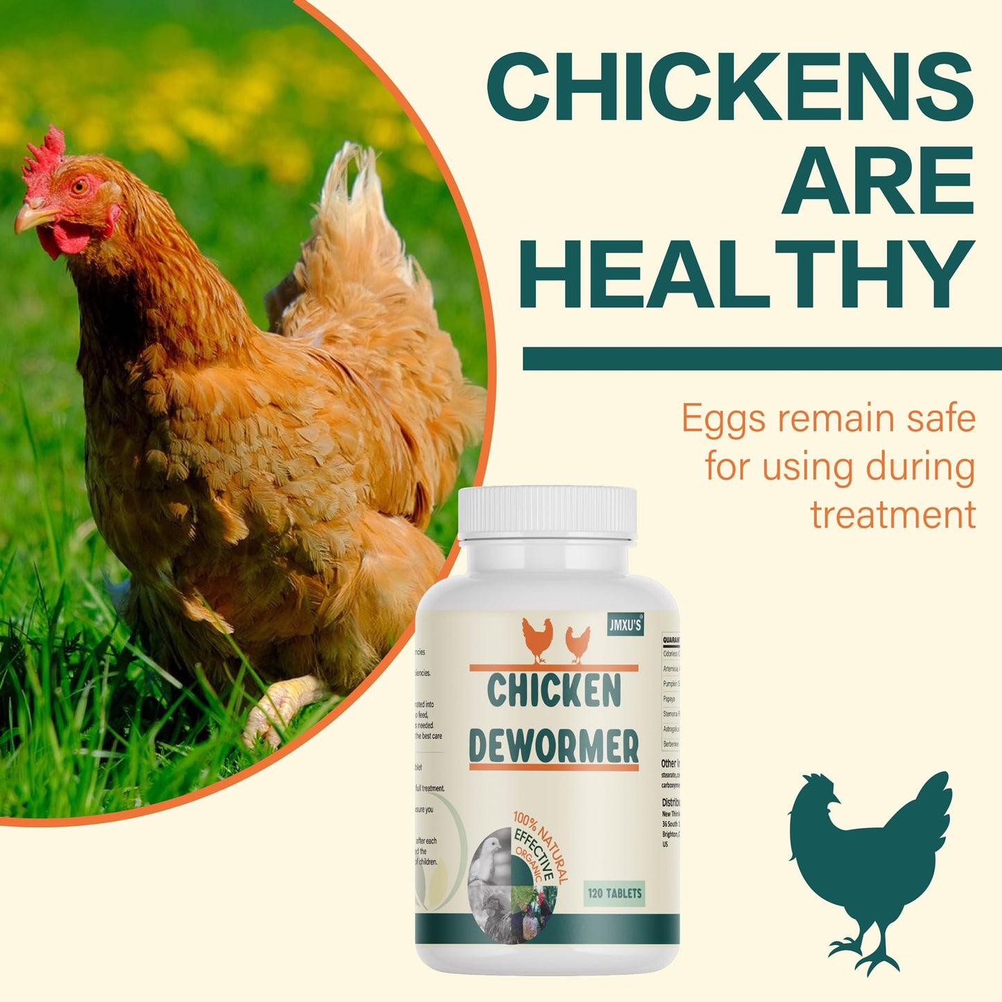 Jmxu's Chicken Dewormer, All Natural Formula Poultry Dewormer, Safeguard Chicken Medicine for Laying Hens, Chicks, Roosters, Turkeys to Relieve and Prevent Worms, 120 Tablets
