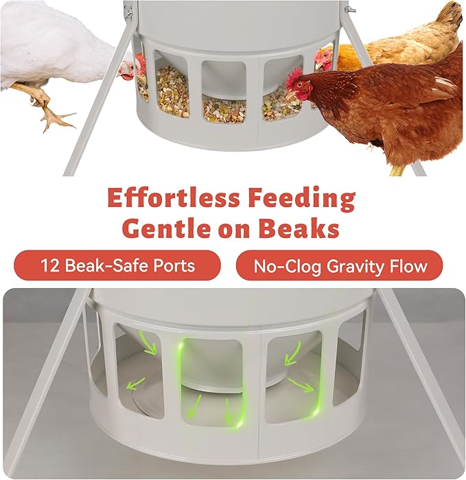 KOL Metal Chicken Feeder - 20lbs Ground Poultry Feeder with 12 Ports, Powder Coated Rust-Proof Design & Smooth Edges for Safe Feeding (Jade White)