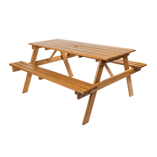 JONATHAN Y BNH200A Shoreham 59" Modern Classic Outdoor Wood Picnic Table Benches with Umbrella Hole Traditional, Coastal, Mid-Century, Vintage, Farmhouse, Teak Brown