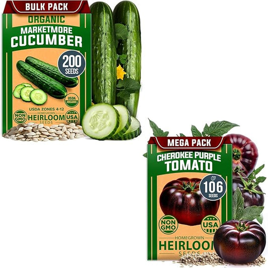 HOME GROWN Organic Cucumber & Cherokee Purple Tomato Seeds – 200 Marketmore Cucumber Seeds + 106 Heirloom Tomato – Non-GMO, High Germination Rate, Ideal for Raised Beds & Containers, USA-Sourced