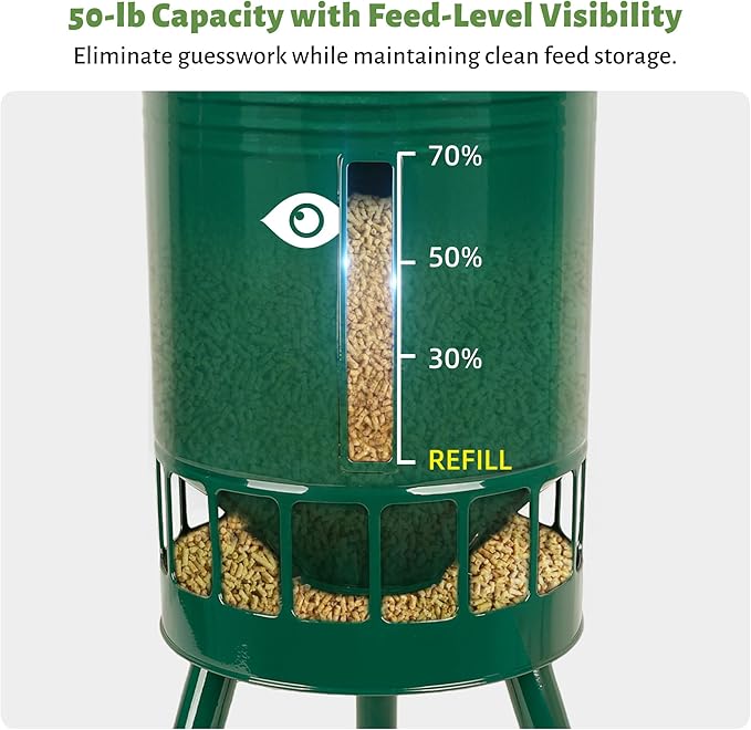 KOL Metal Chicken Feeder No Waste - 50lbs Poultry Feeder with 16 Ports, Powder Coated Rust-Proof Design & Smooth Edges for Safe Feeding (Green)