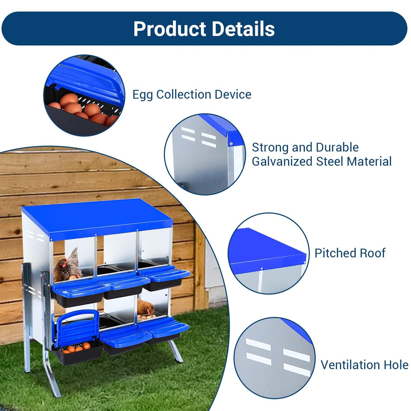 Chicken Nesting Box, 6 Hole 2 Layer Hen Nest Boxes with Legs, Roll Away Eggs Laying Boxes,Cleanable Pull Out Hen Roosting Boxes