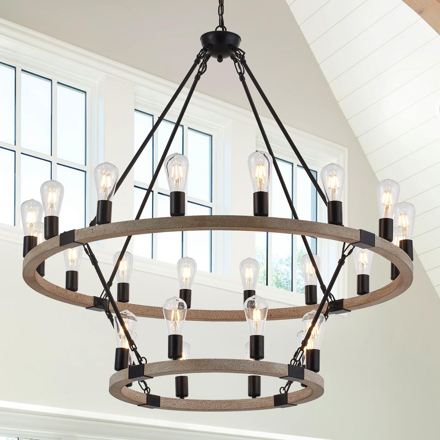 brfaixla 2-Tiers Wagon Wheel Chandelier Wooden Farmhouse 24-Light(16+8) 43.34'' Cream Colored, Black Metal Pendant Chandeliers 2 Story Rustic Light Fixtures Industrial for High Ceiling Living Foyer