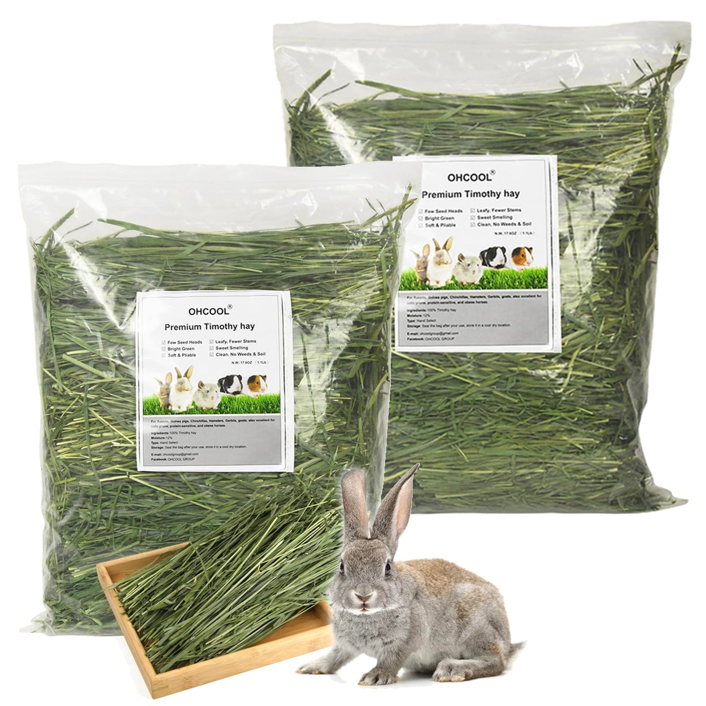 Ohcool Timothy Hay 2.2LBS - Premium Hay for Rabbits Tortoise Guinea Pig Chinchilla - Dust Free Natural Fresh Hay (1.1 lbs, 2 Pack)