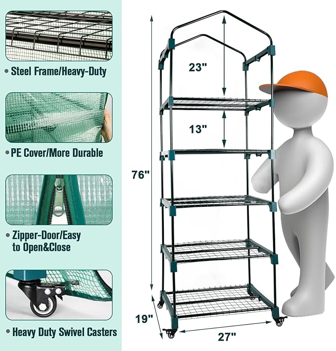 Worth Garden 5 Tier Mini Greenhouse w/ Castors Wheels - Portable Small Gardening Green House w/ PE Cover - Upgraded Heavy Duty Swivel Castors w/ Brakes - 76''H x 27''L x 19''W Indoor & Outdoor