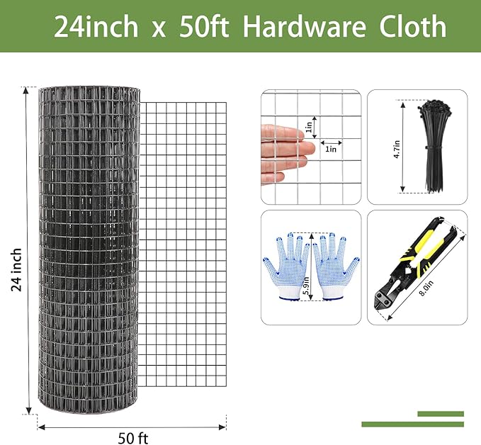 Tongmo 24" x 50' Black Hardware Cloth, 1inch Mesh Chicken Wire Fence, 19 Gauge Vinyl Coated Wire and Welded Wire Roll,Garden Fence, Poultry Netting for Rabbit/Duck/Chicken Coop