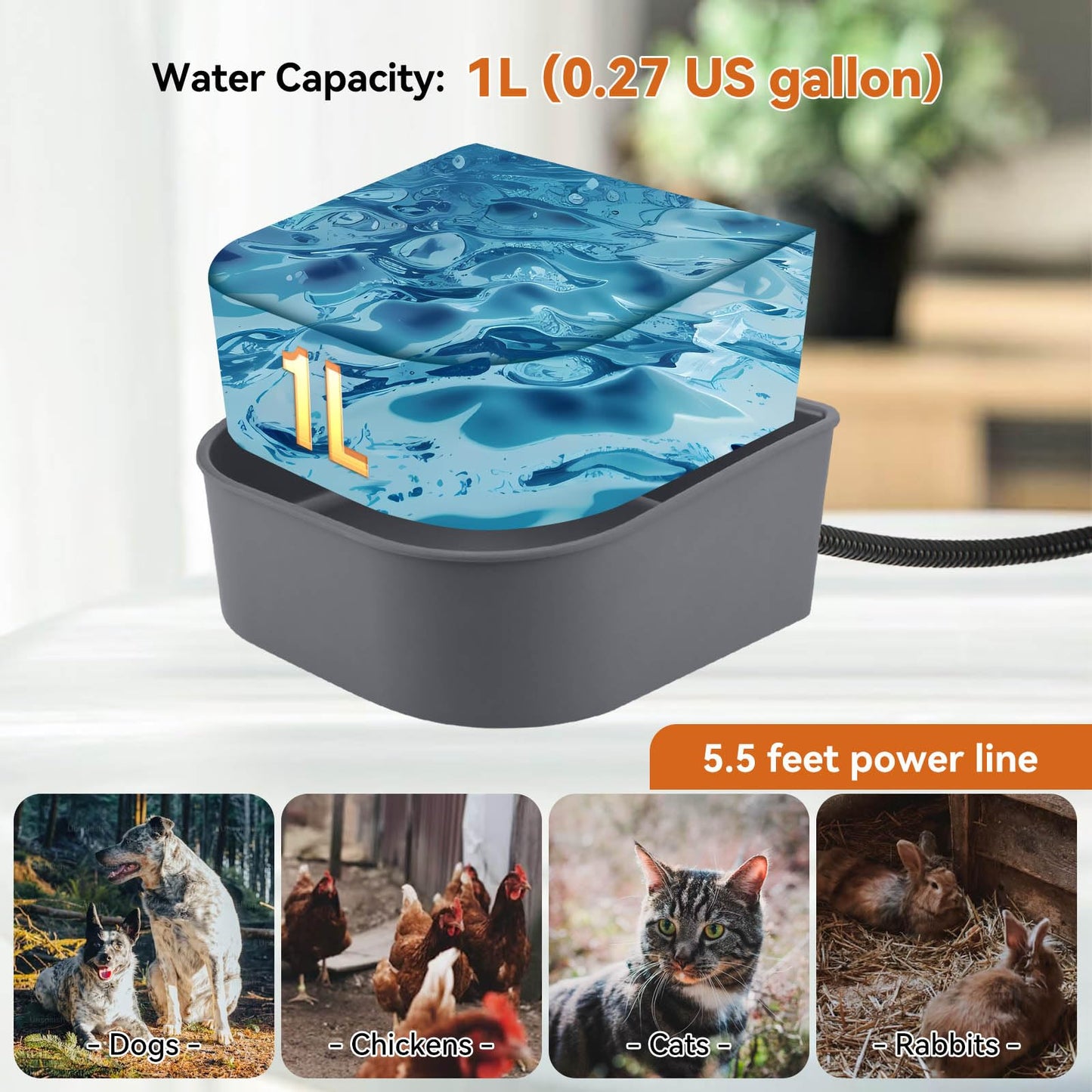 NAMSAN Small Heated Pet Bowl for Cats Rabbits, Outdoor and Indoor, 1 L Heated Water Bowl for Chicken Birds Ice Free, Thermal-Bowl for Dog Cage, Hanging Kennel Dish, Self-Assembly