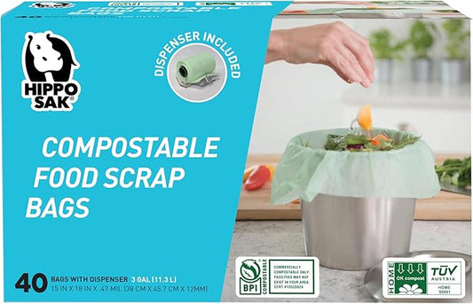 Hippo Sak Compostable Small Food Scrap Bags, 40 Count with Dispenser