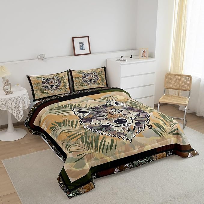 Erosebridal Fox Comforter Set Full Size Woodland Camo Down Comforter Army Green Camouflage Wild Animal Bedding Set for Boys Teen Men,Wildlife Nature Tree Branch Quilt Duvet with 2 Pillow Cases