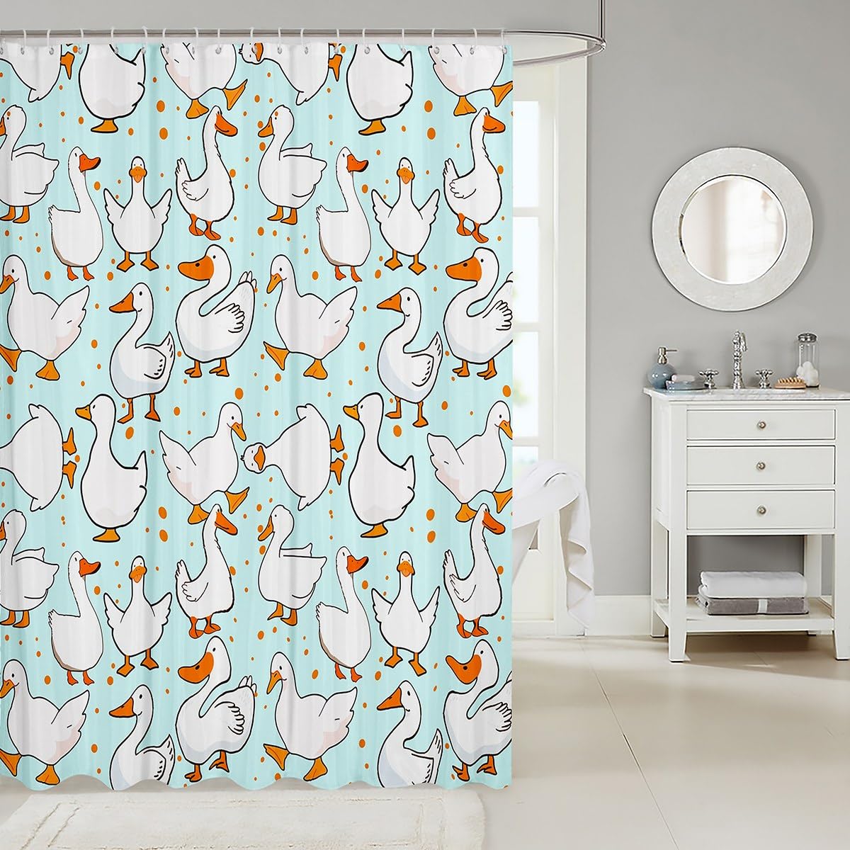 Homewish Cartoon Goose Shower Curtains,Lovely Duck Funny Sketch Blue Bath Curtain,Cute Farmhouse Livestock Animal Waterproof Fabric Curtain with Hooks Bathroom Decor, 72Wx72L inch