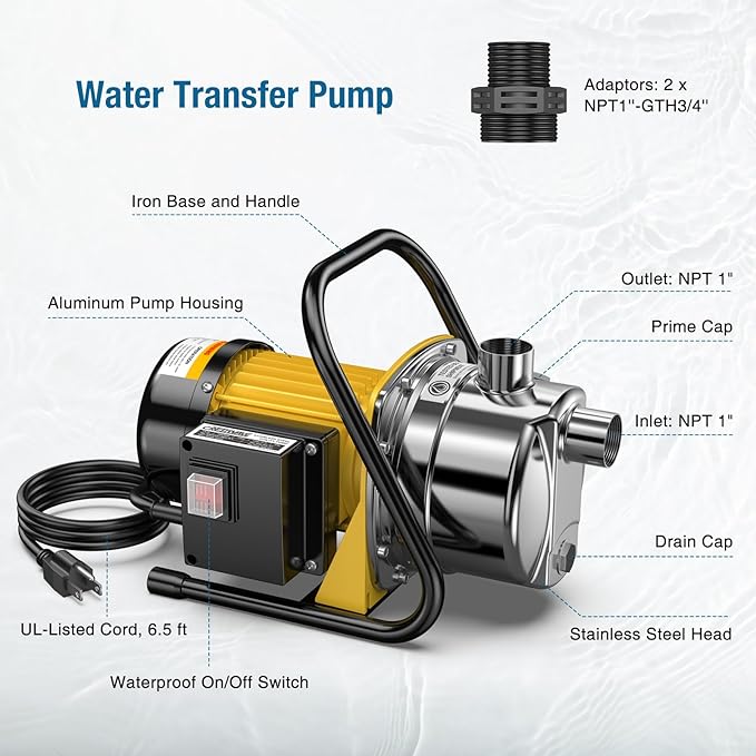 CrestWave Water Transfer Pump 1.6HP 1800GPH 110V Electric Portable Shallow Well Jet Pump Sprinkler Pump Irrigation Pump for Lawn Garden Irrigation Drainage with Iron Stand Handle Adapters