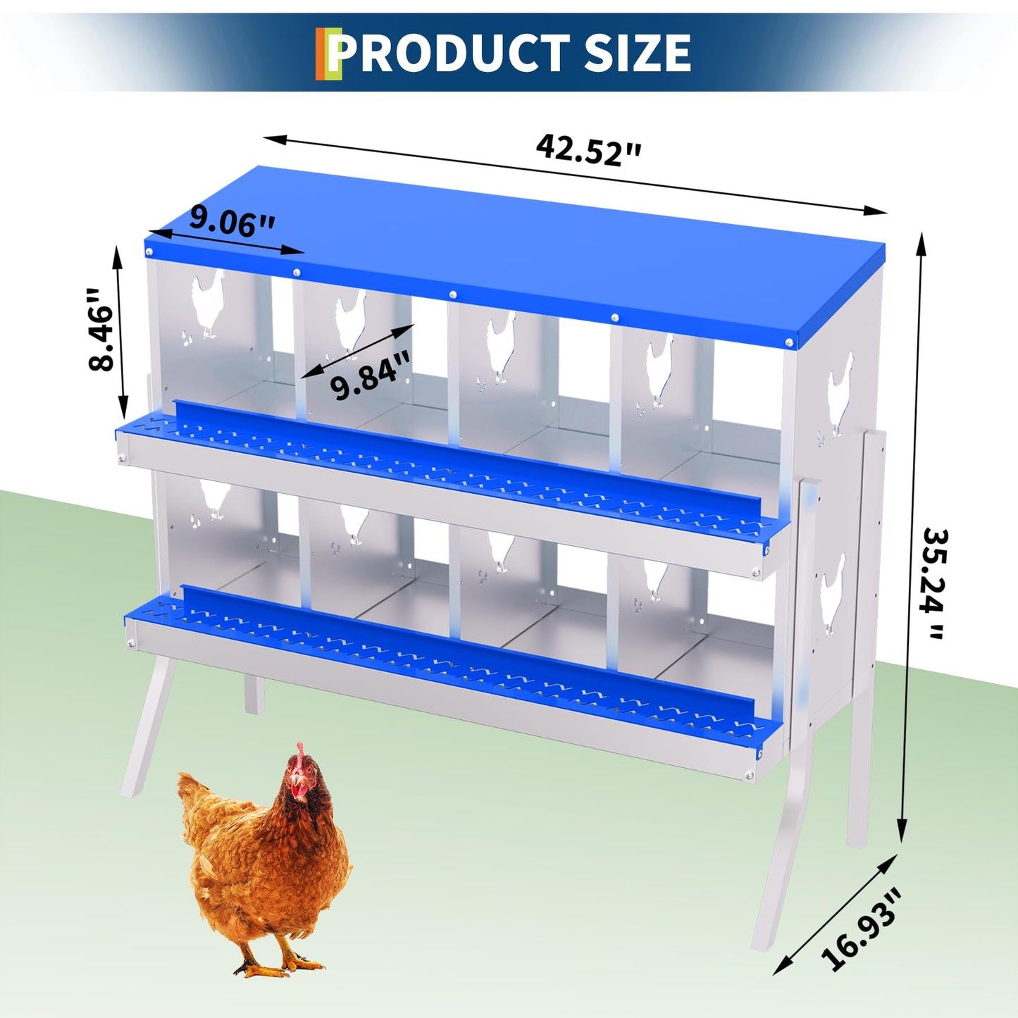 Garvee Chicken Nesting Box with Removable Tray, 8 Compartment Nesting Boxes for Chickens, Easy to Clean and Install, Chicken Laying Boxes for Chicken Coop to Protect Eggs - with Bracket Legs, Blue