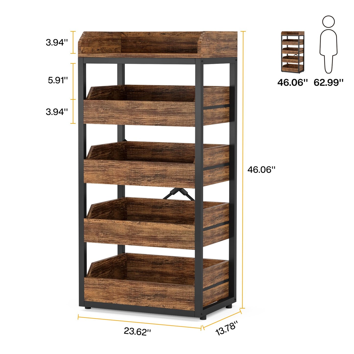 LITTLE TREE 5-Tier Wood Fruit Vegetable Storage Basket Stand, Pull-Out Snack Stand Fruit Basket Stand, Utility Shelf Organizer for Kitchen, Living Room, Bedroom, Rustic Brown