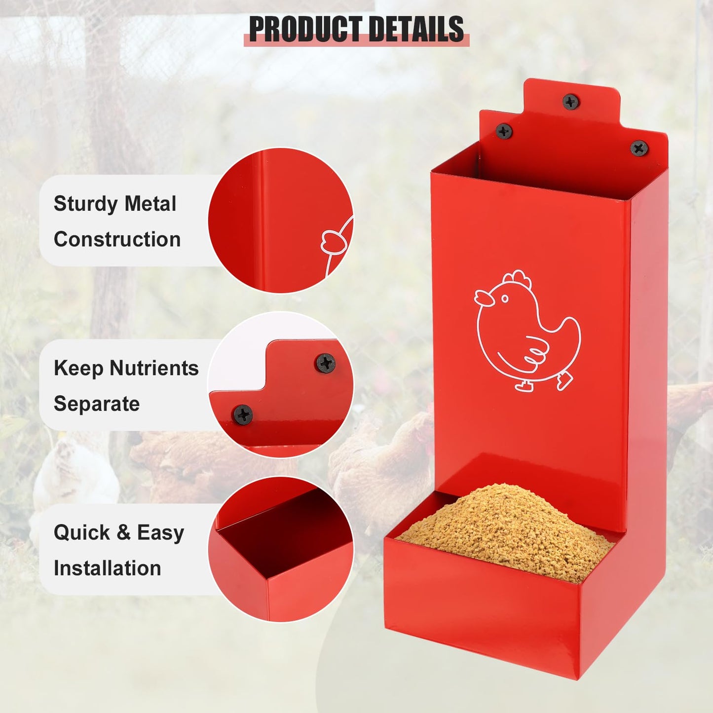 Automatic Chicken Grit Feeder,2 Pack Metal Hanging Chicken and Poultry Feeder,No-Waste Design,Easy to Install and Clean,Ideal for 5-6 Chickens