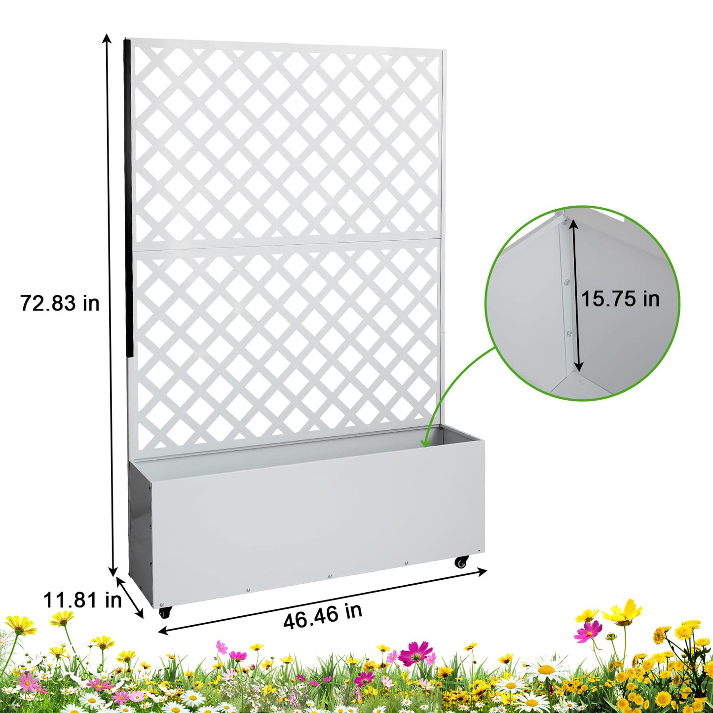 Mochalight Metal Raised Garden Bed with Trellis and Wheels, Metal Planter Box with Trellis Privacy Screen, Outdoor Planter Box with Drainage Holes for Climbing Plants, Flowers, Vegetables, White