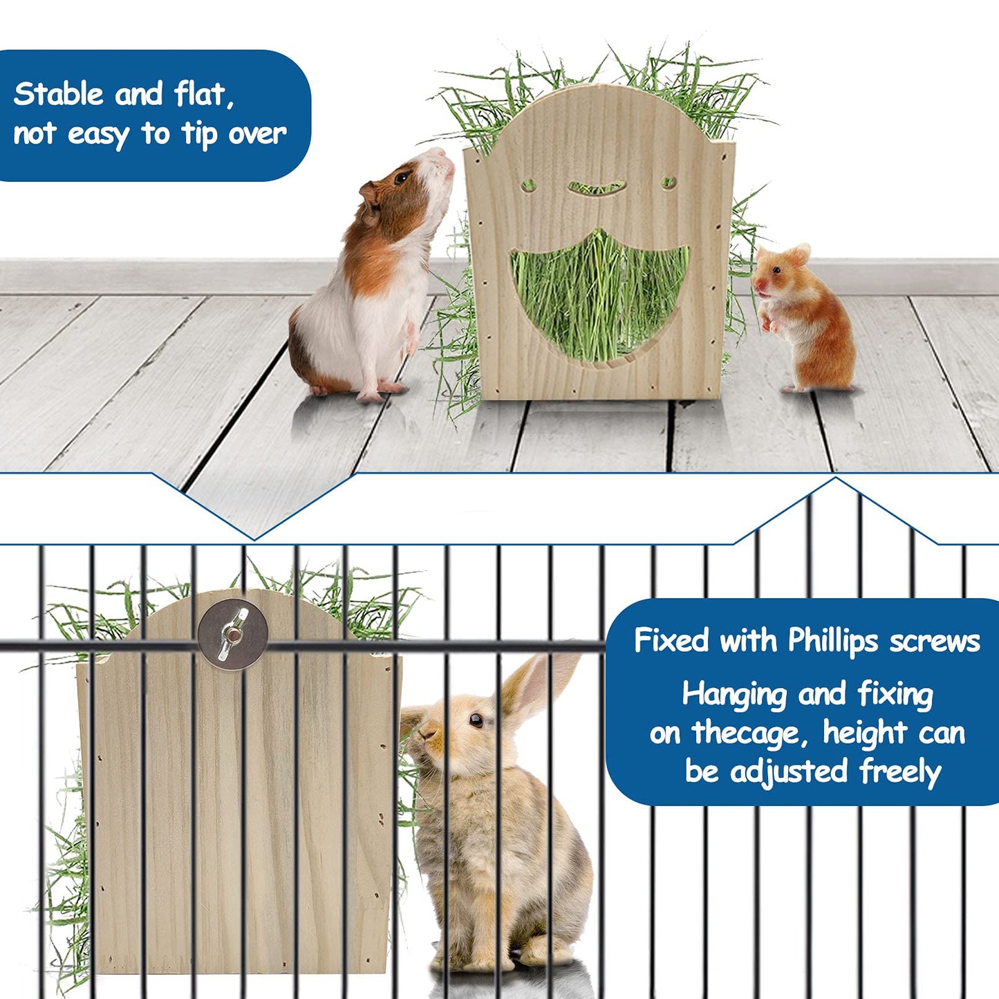 Hamiledyi Wood Rabbit Hay Feeder for Cage Bunny Hay Manger Rack Small Animals Feeding Holder Wooden Grass Dispenser with Chew Toys for Guinea Pig Chinchilla Hamster 9Pcs