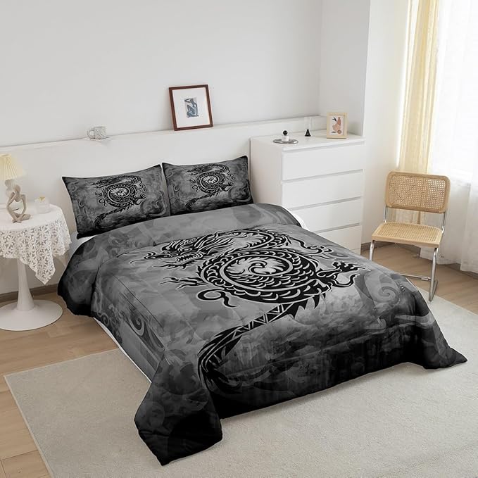 Castle Fairy Dragon Comforter Set,Exotic Chinese Style Wildlife Animal Bedding Set Kids Teens Modern Decor,Vintage Black Gray Graffiti Comforter with 1 Pillowcase for All Seasons,Twin