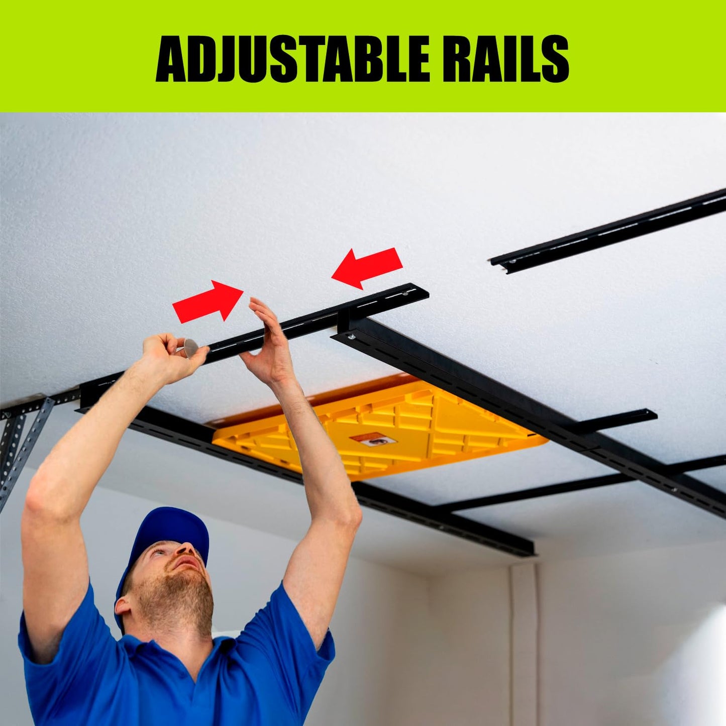 GARAGE STORAGE TOTE SLIDE RACK Overhead Tote Storage Rail System, Garage Ceiling Bin Storage Rack Heavy Duty Adjustable Tote Slide Garage Storage System, NEGRO, MR0001