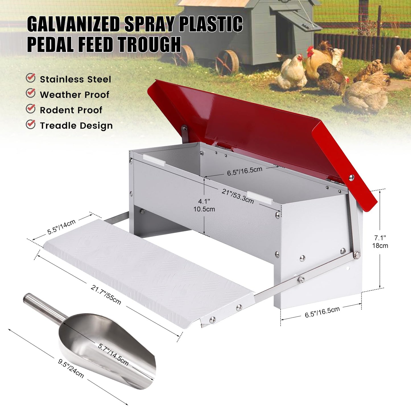 PAMUNULA 15lb Automatic Chicken Feeder Rat Proof Large Treadle Poultry Feeder with Rainproof Lid Outdoor Chicken Feeders for Duck Pheasants Roosters Bantams