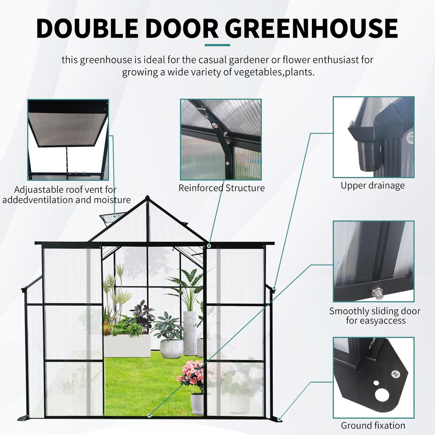 Favfurish 8X6 FT Greenhouses for Outdoors,Double Sliding Door Polycarbonate Greenhouse,Heavy Duty Walk-in Greenhouse, Drainage System & Galvanized Frame for Garden Backyard, Black