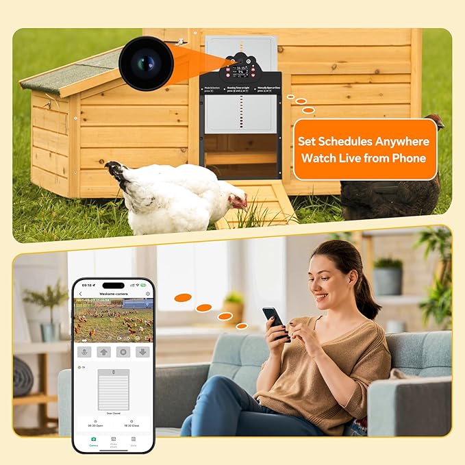 Automatic Chicken Coop Door Solar Powered with 2K Camera & Night Vision Alarm, IP65 Wireless Auto Door Opener, 6-Month Battery, APP Control, 2-Way Audio, Anti-Pinch Design