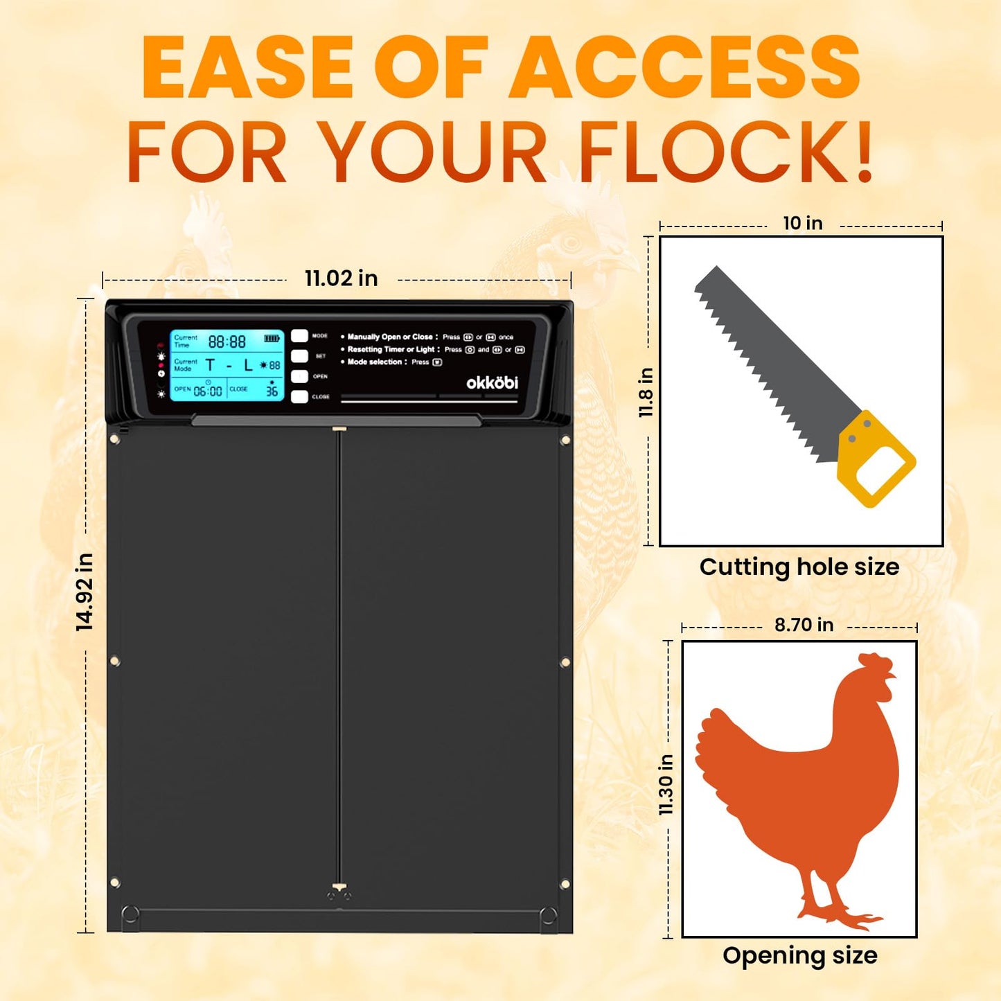 Extra Large Automatic Chicken Coop Door Solar Powered with Remote - LCD Display, Light Sensor, Timer & Anti-Pinch Function – 11.3" x 8.7" Door Opening – 5-Year Protection – Black – by Okköbi
