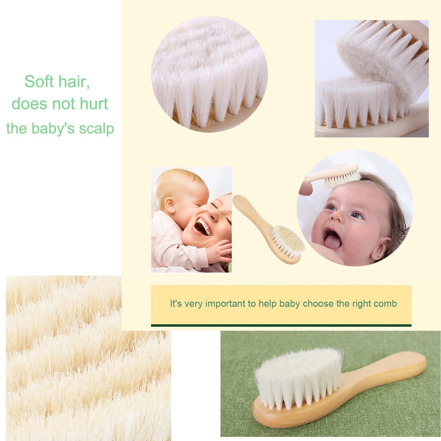 Molylove Baby Hair Brush with Wooden Handle and Comb Set for Newborns & Toddlers | Natural Soft Goat Bristles l Wood Comb l Green Cradle Cap Brush | Ideal for Cradle Cap (3 Piece)