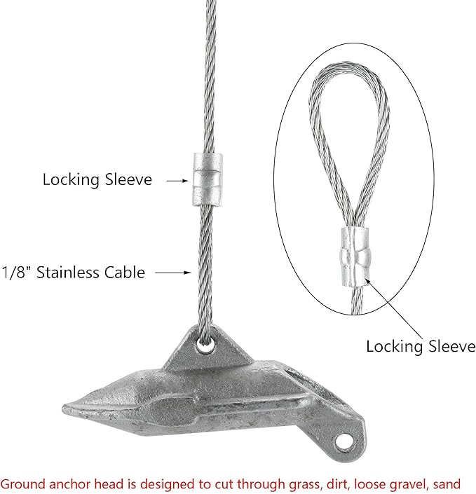 6 Pack Ground Earth Anchors - Easy Hook Anchor with 20 inch Long x 1/8" Cable, Ideal for Securing Shed, Fence, Green House, Swing Set and More.