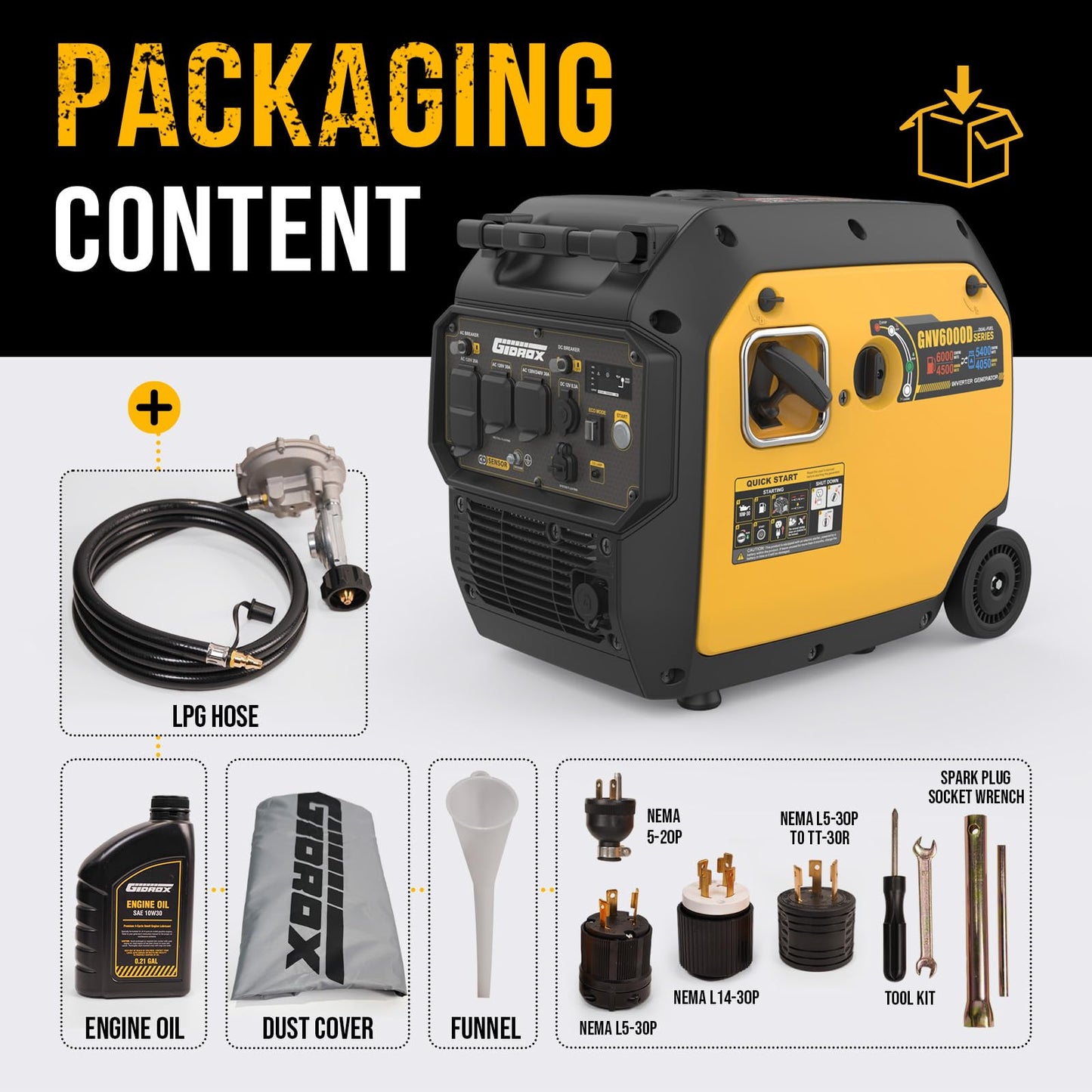 Gidrox 6000W Dual Fuel Inverter Generator, Gas & Propane Powered, RV Ready Electric Start, Super Quiet, 120V/240V with CO Sensor Portable Generator for RV, Camping or Emergency