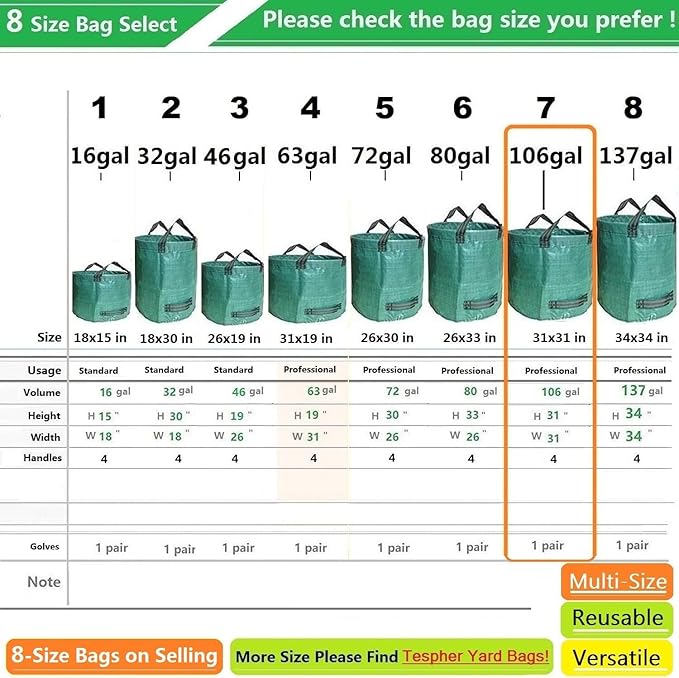 Professional 2-Pack 106 Gallon Large Lawn Garden Bags (D31, H31 in) Yard Waste Bags with Gardening Gloves, Big Leaf Bag,Yard Debris Bags,Garden Trash Container,Lawn Grass Clippings,Weeds Bag 4 Handles