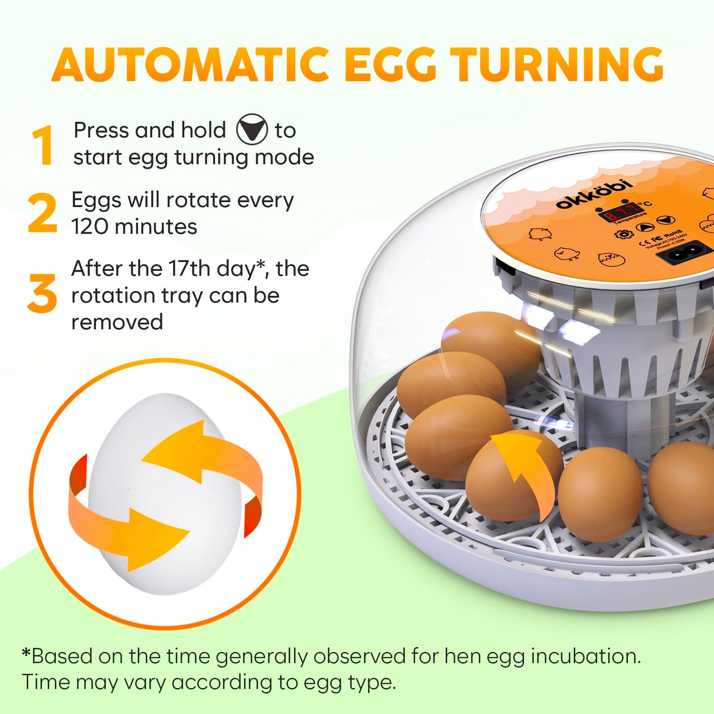 Okkobi M12 Egg Incubator with Automatic Turner and Humidity Control - 12/24 Eggs, 360° View, Easy to Use and Clean - Incubadora de Huevos de Gallina - Made for US - White & Orange