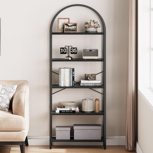 IDEALHOUSE Bookshelf 5 Tier Bookcase Arched Display Racks Tall Standing Bookshelves Metal Frame Open Storage Rack Shelf Large Black Book Shelf for Bedroom, Living Room, Home Office