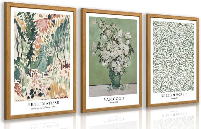 IAFWZX Wood Framed Monet Van Gogh William Morris Wall Art, Sage Green Botanical Wall Decor, Modern Floral Wrapped Canvas Artwork, Mid Century Impressionist Poster Prints for Bathroom 12