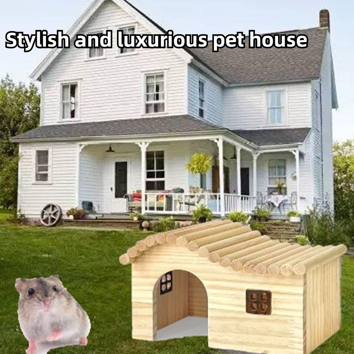 Guinea Pig Wood Hideout Hut with Window Small Animal Wooden House for Rat Chinchilla Hedgehog Hamster Rabbit Bunny (Small)