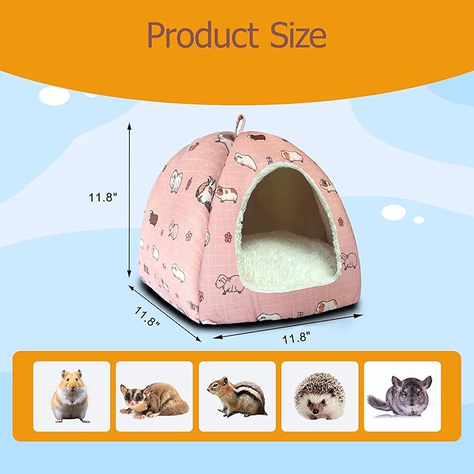 LUCKITTY Guinea Pig Hideout Bed 11.8-Inch Cube - Cozy Small Animal House for Guinea Pigs, Chew-Proof Hideaway with Ventilation (Pink, Adorable Guinea Pig Print)