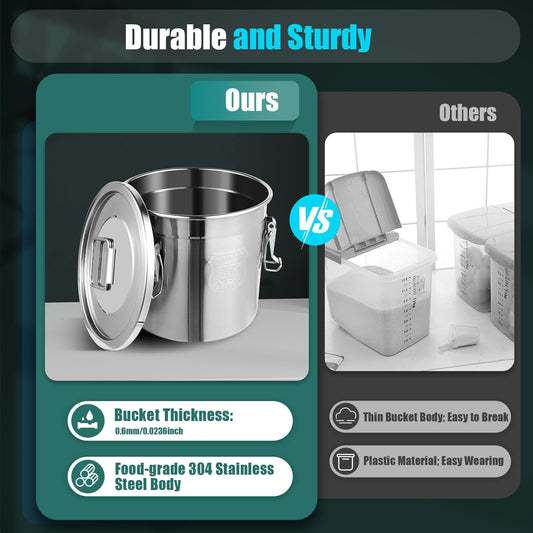 304 Stainless Steel Airtight Canister for Home, Rice Cereal Grain Canisters Container, Metal Kitchen Rice Oil Storage Bucket for Household Kitchen Food w/Handles+Lid (Silver-12L)