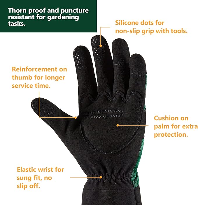 COOLJOB Thorn Proof Rose Pruning Garden Gloves for Men, Long Sleeve Padded Yard Work for Bush, Blackberry, Cactus, Heavy Duty/Puncture Resistant/Machine Washable, Large, Green