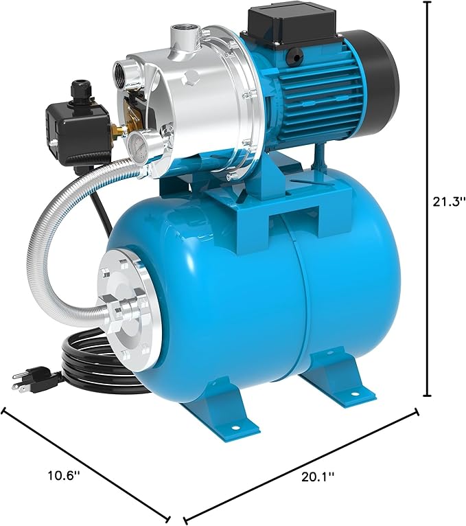 1.5HP Shallow Well Pump with Pressure Tank,1200GPH NSF Certification for Drinking Water Safety,115V,Stainless Steel Irrigation Jet Pump Automatic Booster Pump for Home, Garden, Lawn