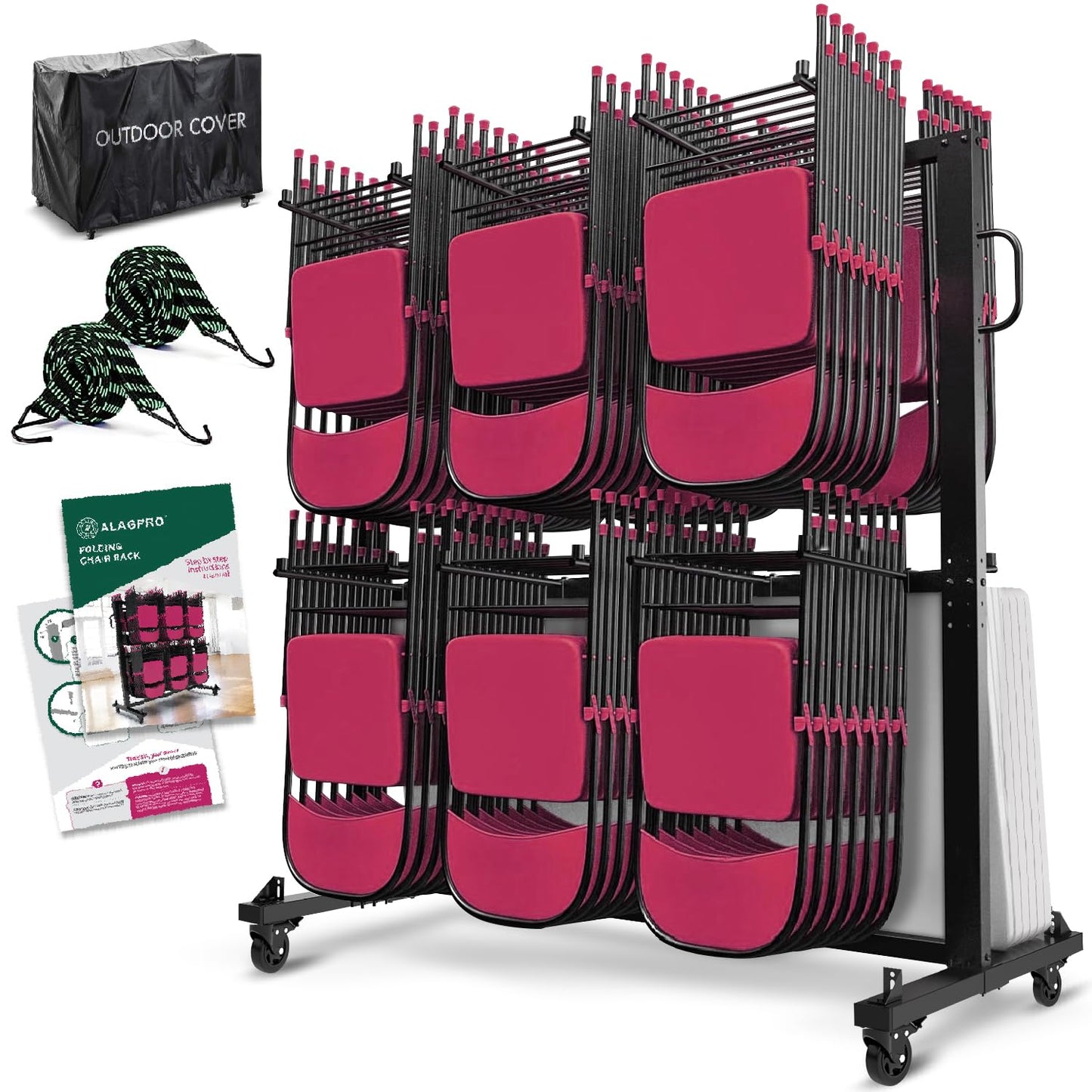 ALAGPRO Folding Chair Rack Cart - Storage Dolly With Wheels, Heavy Duty Holder for 84 Chairs or 12 Tables of 900 LBS Capacity - Includes Outdoor Cover