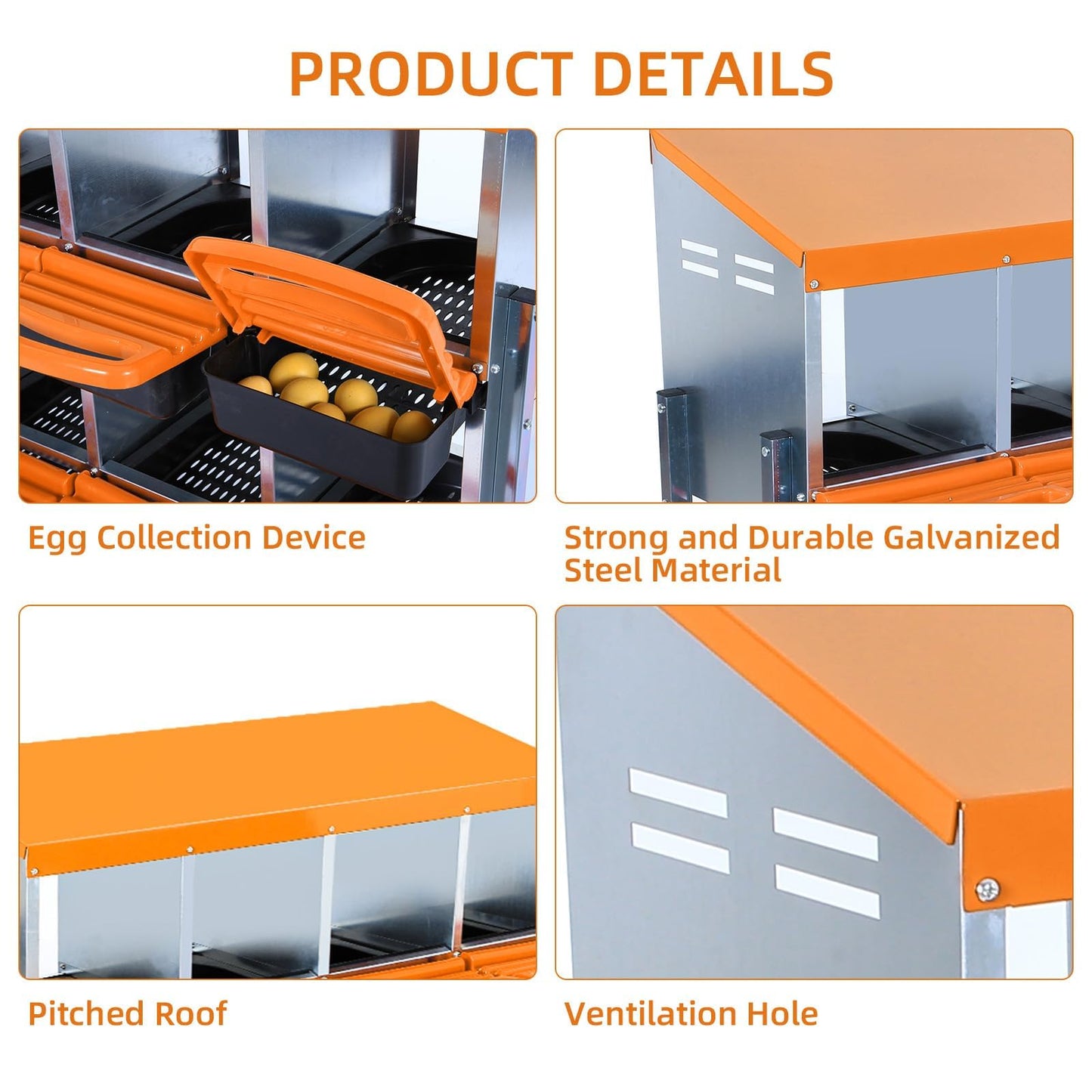 Chicken Nesting Boxes, 10 Hole Metal Chicken Laying Box with with Removable Trays and Roll Out Egg Collection for Chicken Coop, with Metal Bracket, Orange