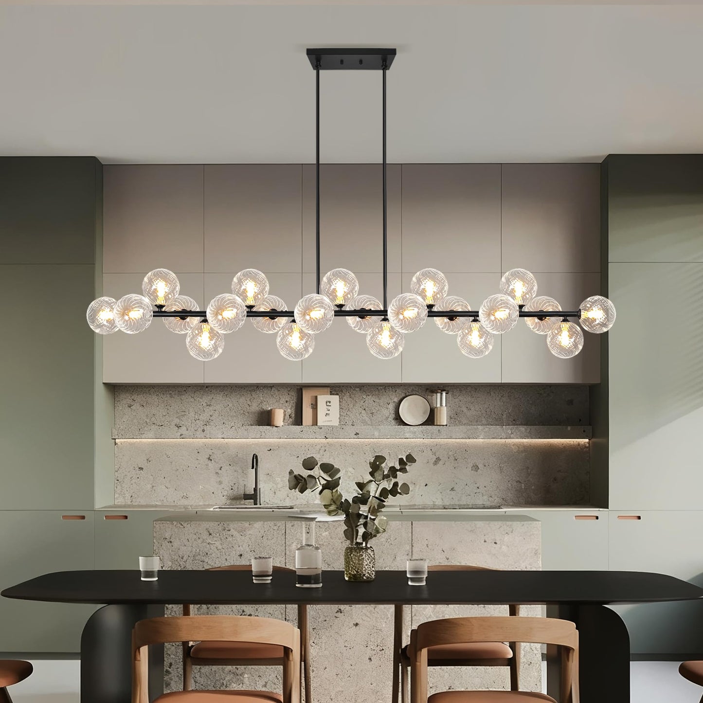 Lzawvm Modern Linear Chandeliers for Dining Room 70 Inhch Sputnik Linear Chandelier Clear Striped Glass Globe Pendant Light for Kitchen Island, Farmhouse, Living Room, Dia 70 Inch