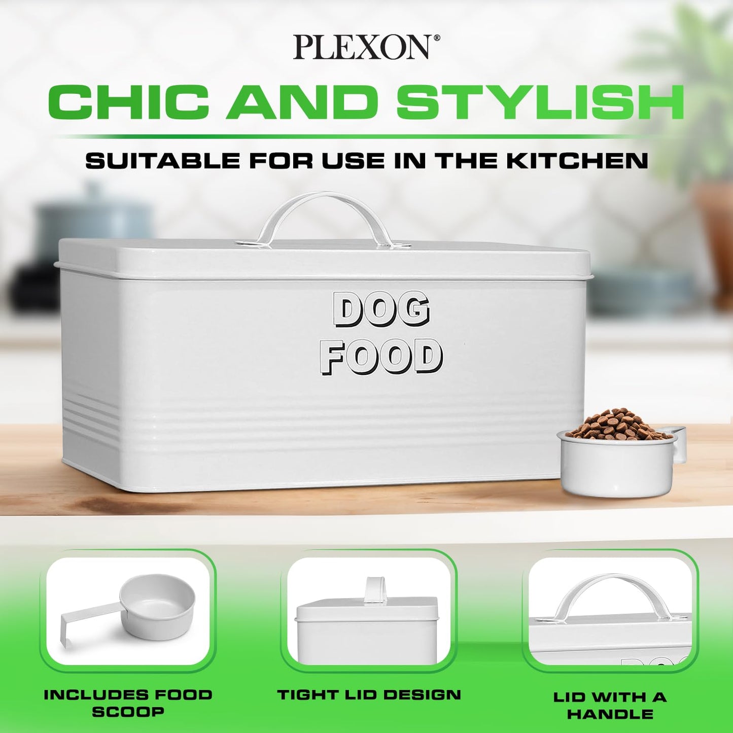 Plexon Dog Food Storage Container with Scoop, Metal Dog Food Container 10 lbs Holder Bin with Lid Small Pet Chow Storage Canister Tin, Treat Jars for Pets, 2 Gallons, White