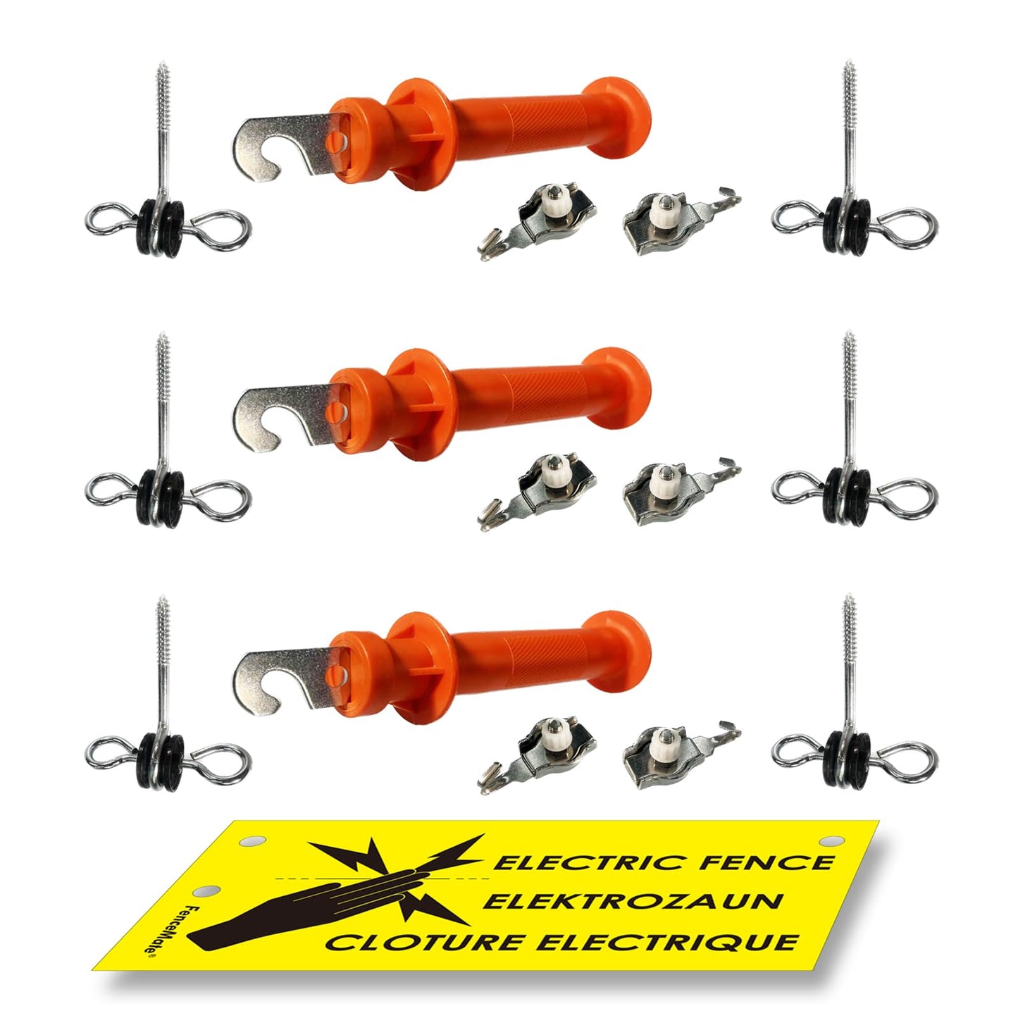 FenceMate 3 Packs Fence Gate Kit Containing Gate Anchors, Gate Handle, Wire/Rope Connectors, Warning Sign at Electric Fences or Wire Fence for Animal, Farm, Garden, Sport, Security