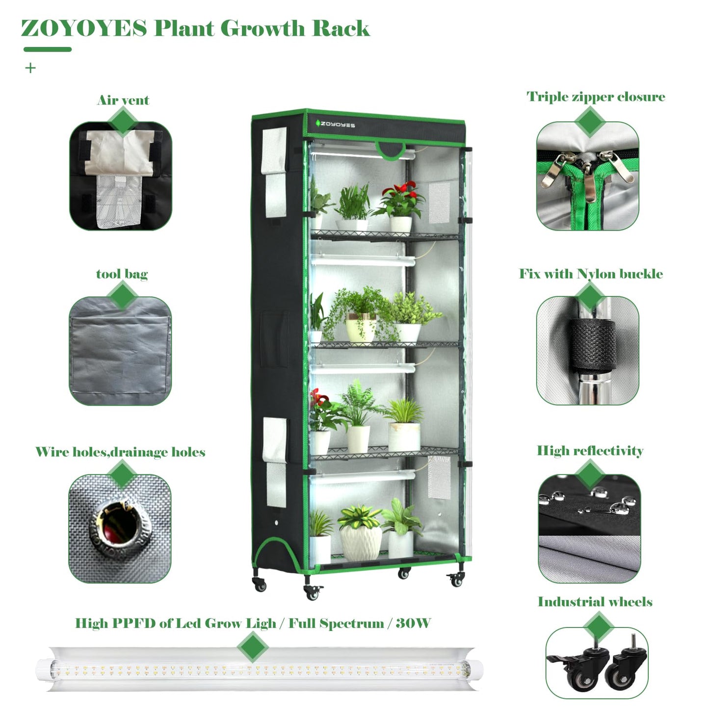 ZOYOYES Indoor Greenhouse with Grow Light,35.8" Lx17.8 Wx71.8 H,5-Layer Plant Shelf with 3-Color T8 Growth Lights,Plant Stand with Smart Timing Plug and thermohygrometer